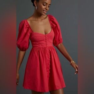 Maeve Anthropologie Large Elegant Red Puff Sleeve Dress
